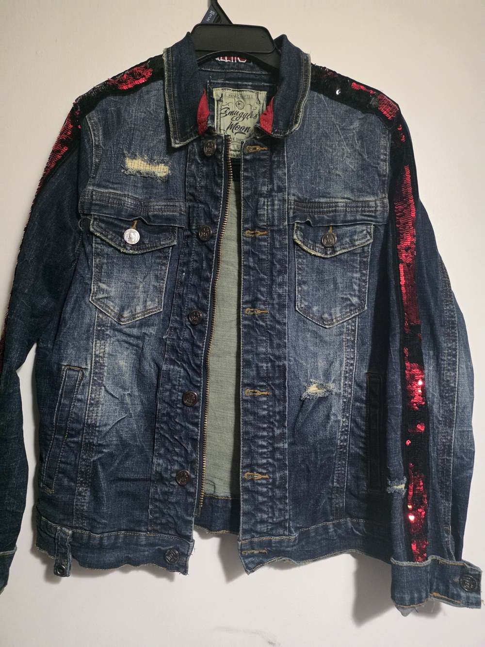 Embellished Denim Jacket with Red Sequin Trim
